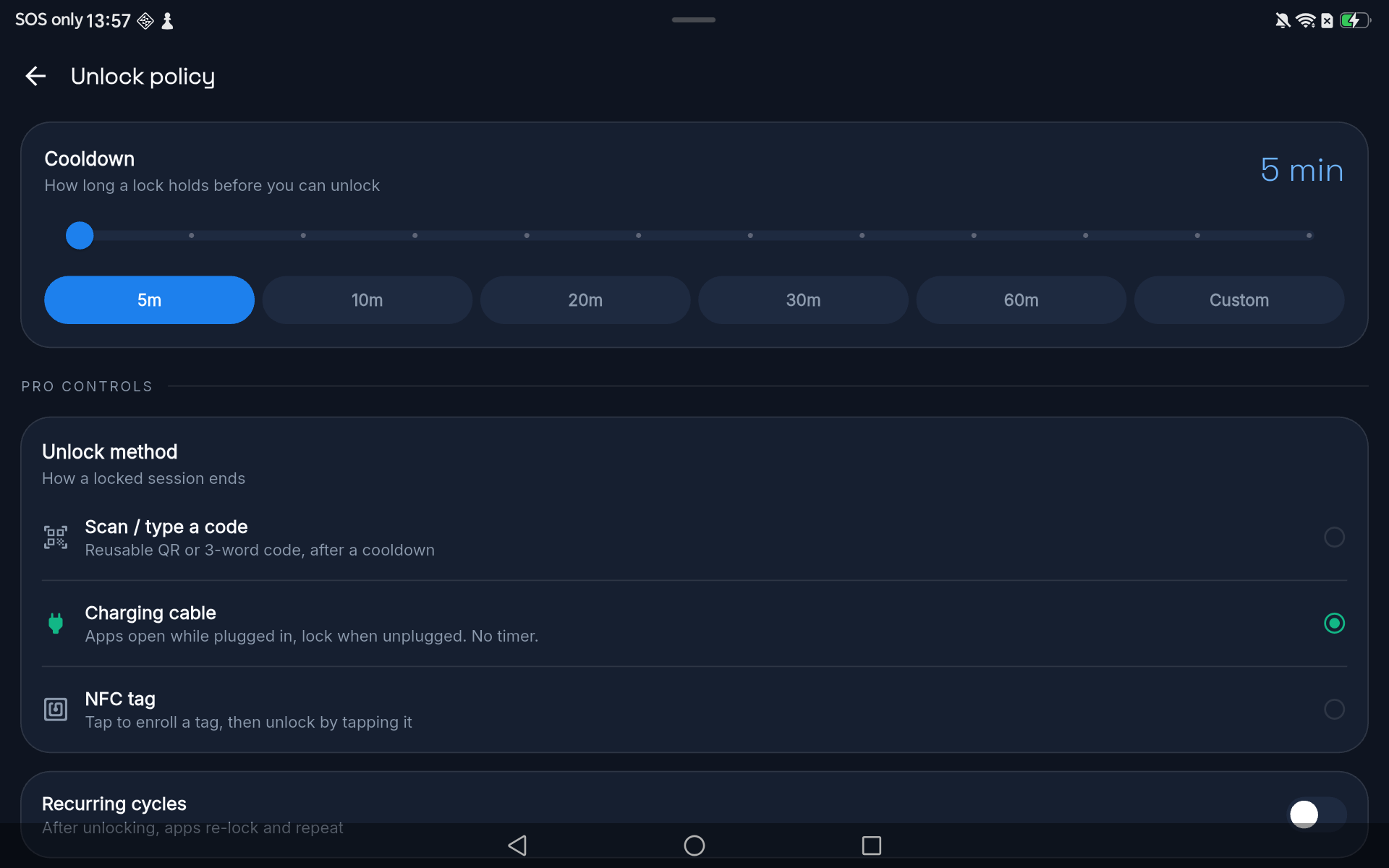 Unlock policy screen: a cooldown slider and an unlock-method picker for scan or type, charging cable, and NFC tag.