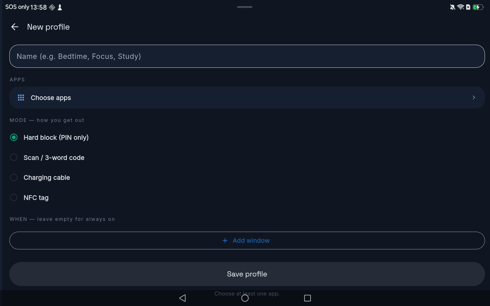 Profile editor showing the mode picker: hard block with PIN only, scan or 3-word code, charging cable, and NFC tag.