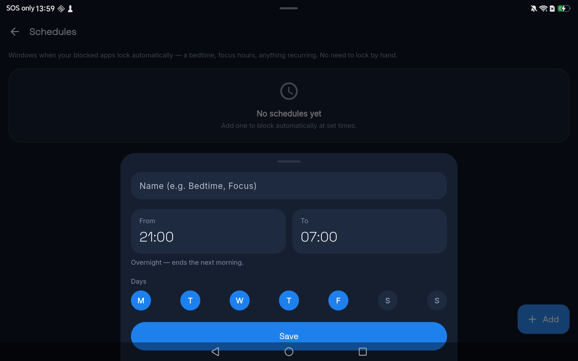 Schedule editor: a bedtime window from 21:00 to 07:00 on weekdays, marked overnight.
