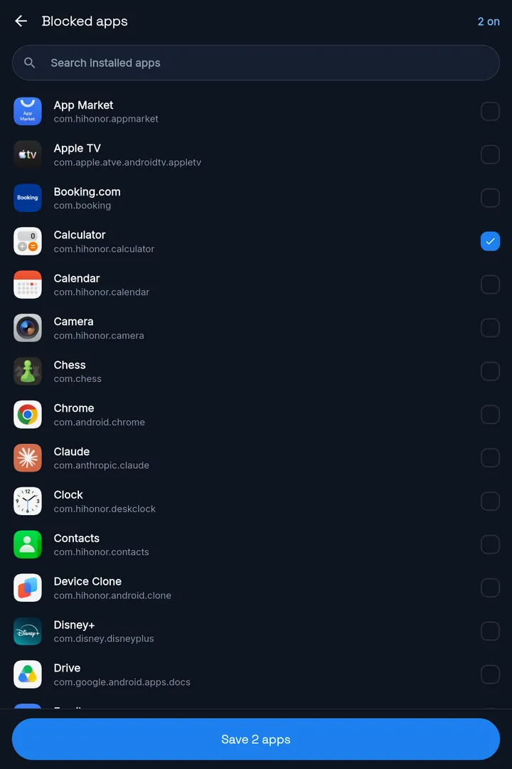 MassBlocker's Blocked apps screen: a search field, an alphabetical list of installed apps with checkboxes, and a Save button.