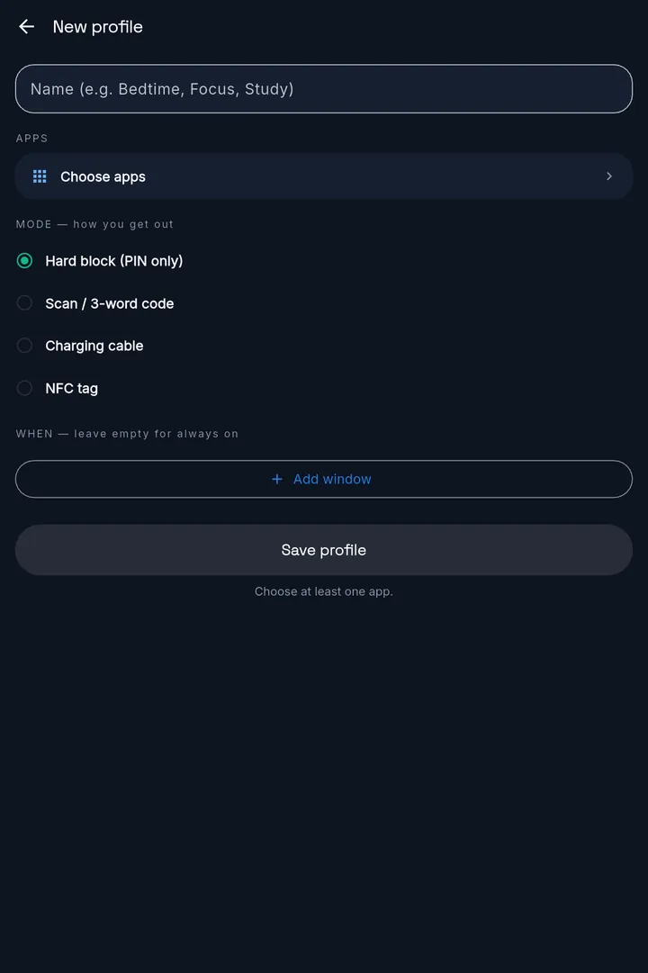 MassBlocker's New profile screen: a name field, Choose apps, the modes Hard block (PIN only), Scan / 3-word code, Charging cable and NFC tag, and Add window.