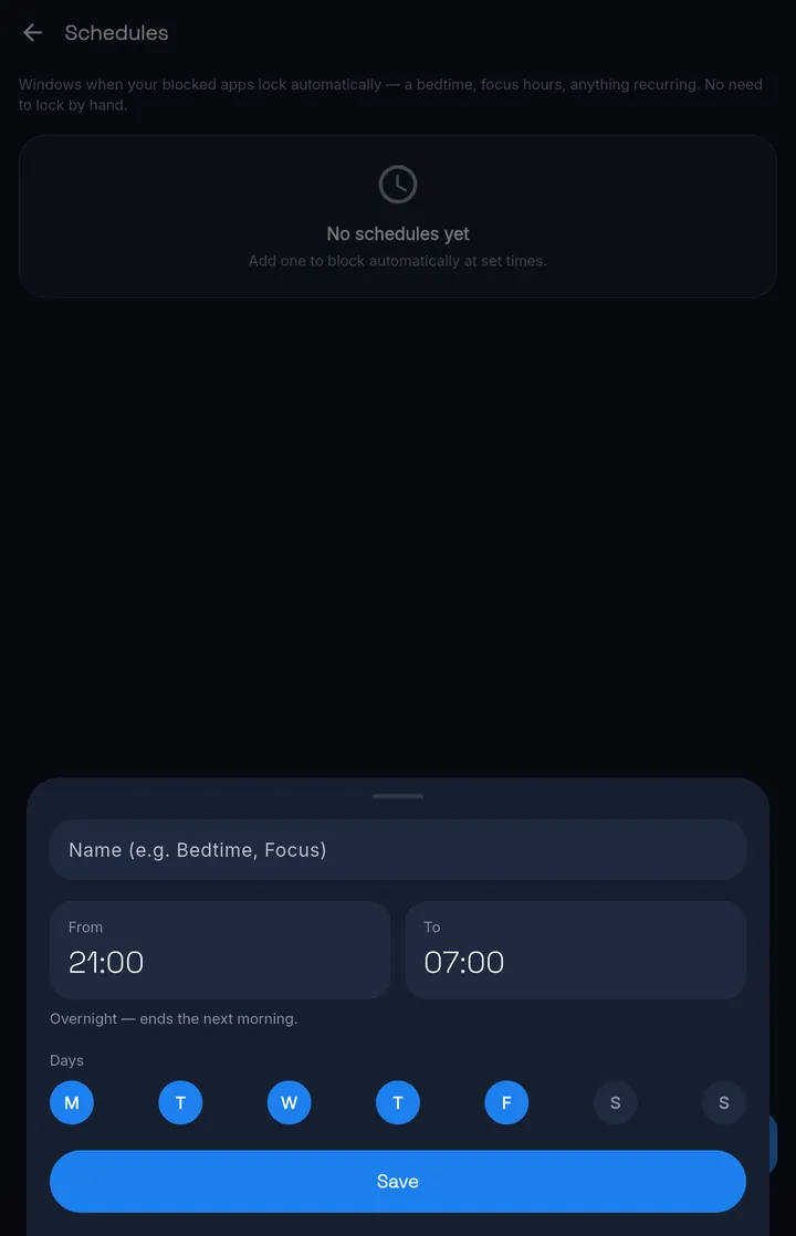MassBlocker's new-schedule screen: an overnight schedule from 21:00 to 07:00 on weekdays.
