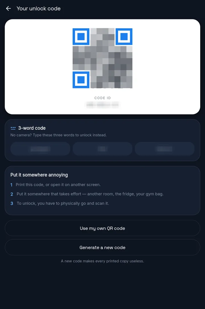 MassBlocker's unlock code screen: a QR code (blurred here), a 3-word code card (blurred), the steps “Put it somewhere annoying”, and buttons “Use my own QR code” and “Generate a new code”.