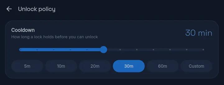 MassBlocker's Unlock policy screen: the Cooldown card, with a slider and presets from 5 to 60 minutes and Custom.